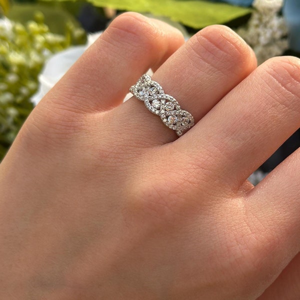 Braided Simulated Diamond CZ Wedding Band: Sterling Silver Eternity Ring
