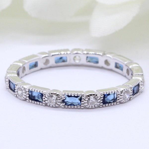 3mm Art Deco Band Ring Baguette Simulated Sapphire Round Diamond CZ Solid 925 Sterling Silver Eternity Band, Anniversary Wedding Alternating