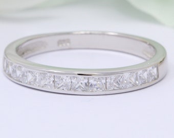 3mm Half Eternity Band Ring Invisible Princess Cut Simulated Diamond CZ 925 Sterling Silver