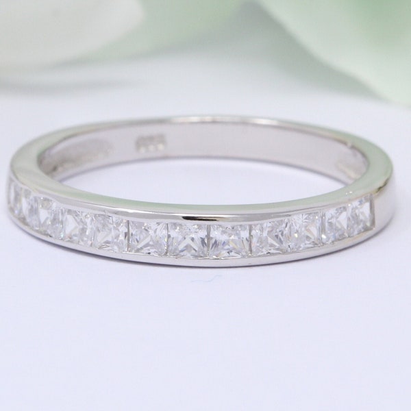 3mm Half Eternity Band Ring Invisible Princess Cut Simulated Diamond CZ 925 Sterling Silver
