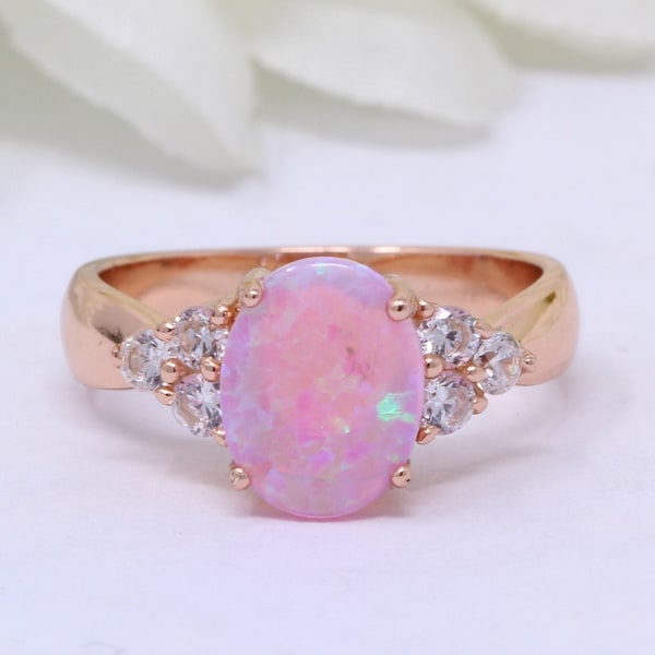 Oval Lab Pink  Opal Wedding Engagement Ring 3-Stone Round Simulated Diamond Accent Rose Gold 925 Sterling Silver