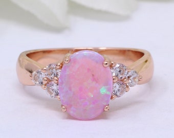 Oval Lab Pink  Opal Wedding Engagement Ring 3-Stone Round Simulated Diamond Accent Rose Gold 925 Sterling Silver