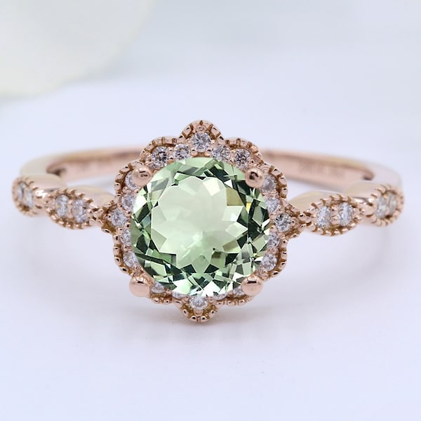 NATURAL GENUINE Round 1.30 Carat Green Amethyst 925 Sterling Silver Diamond CZ Vintage Art Deco Wedding Engagement Bridal Ring Halo Floral