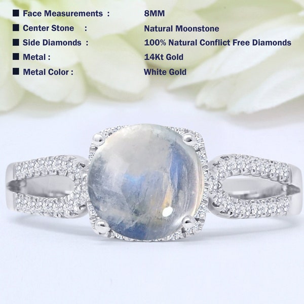 14KT Gold 1.25CT Natural Moonstone Halo Style Round Diamond Women Gold Diamond Wedding Engagement Bridal Round Shape Ring 8mm