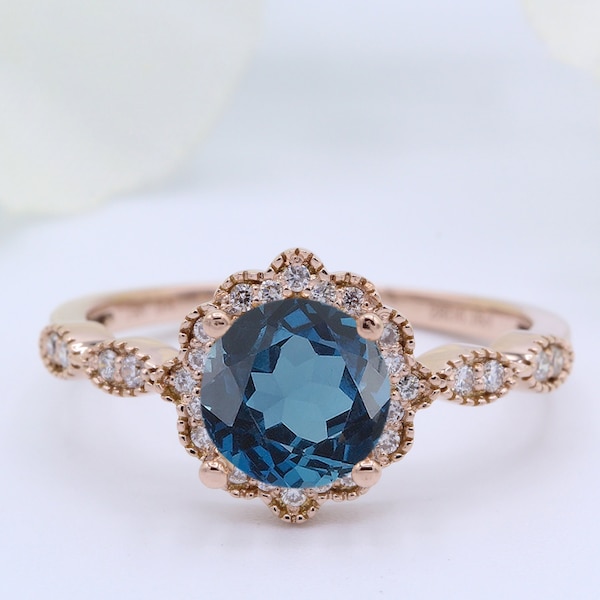 NATURAL GENUINE Round 1.30 Ct London Blue Topaz 925 Sterling Silver Round Simulated Diamond Vintage Art Deco Wedding Engagement Bridal Ring
