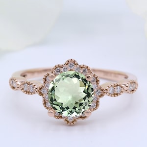 ALL NATURAL GENUINE Round 1.30 Carat Green Amethyst 14k Gold Round 0.16ct Natural Diamond Vintage Art Deco Wedding Engagement Bridal Ring