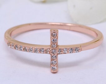 Sideways Cross Ring Round Simulated Diamond Petite Cross Ring Band Rose Gold 925 Sterling Silver