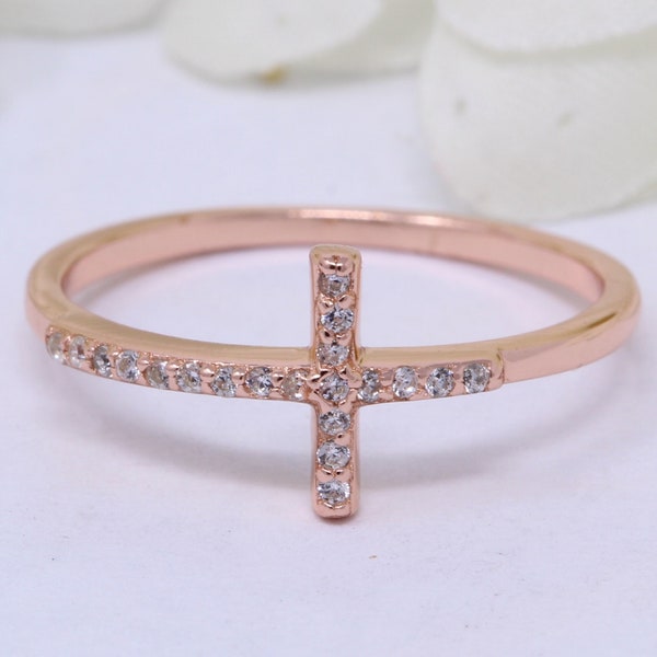 Sideways Cross Ring Round Simulated Diamond Petite Cross Ring Band Rose Gold 925 Sterling Silver