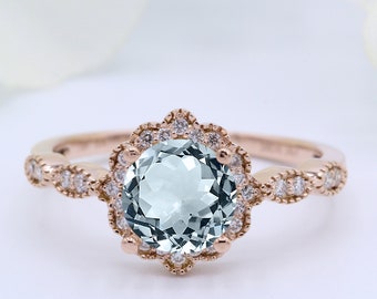 NATURAL GENUINE 1.30 Carat Round Aquamarine Solid 925 Sterling Silver Round Diamond CZ Vintage Art Deco Wedding Engagement Bridal Ring Halo