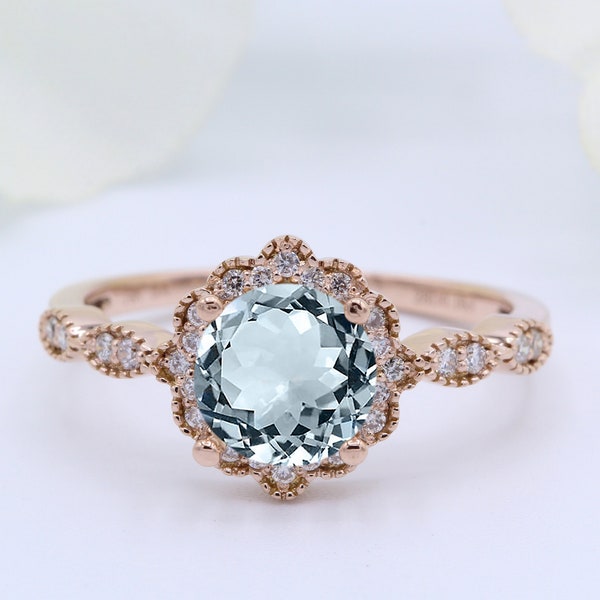 NATURAL GENUINE 1.30 Carat Round Aquamarine Solid 925 Sterling Silver Round Diamond CZ Vintage Art Deco Wedding Engagement Bridal Ring Halo