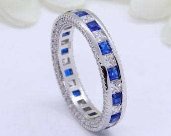 5mm Full Eternity Art Deco Antique Style Wedding Band Ring Alternating Princess Cut Square Sapphire CZ Simulated Diamond 925 Sterling Silver