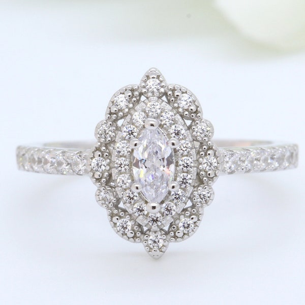Vintage Art Deco Wedding Engagement Ring 0.34 Carat Marquise Diamond CZ Accent Solid 925 Sterling Silver Bridal Jewelry, Wedding Ring