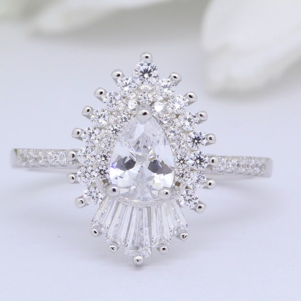 Vintage Halo Art Deco Teardrop Wedding Engagement Ring 0.70 Carat Pear Baguette Round Diamond CZ Solid 925 Sterling Silver Bridal