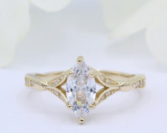 Art Deco Vintage Ring 1.00Ct Marquise Simulated Diamond Solid 14k Gold Yellow Gold Rose Gold White Gold Wedding Engagement Bridal Ring