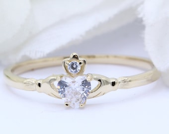 Claddagh Ring Heart 0.25Ct Round Simulated Diamond 14k Solid Gold Rose White Gold Claddagh Irish Promise Ring Wedding Engagement New Design