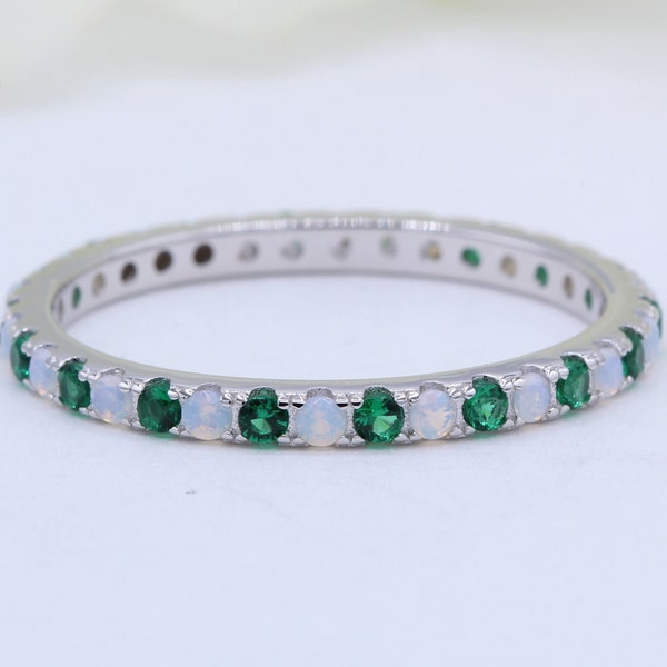 2mm Full Eternity Round Emerald Green CZ Lab White Opal Wedding Band Ring Alternating CZ 925 Sterling Silver Wedding Band Opal Emerald Band