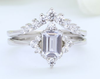 1.20 Carat Emerald Cut Wedding Engagement Bridal Set Vintage Art Deco Ring Band Two Piece 925 Sterling Silver Round Simulated Diamond CZ