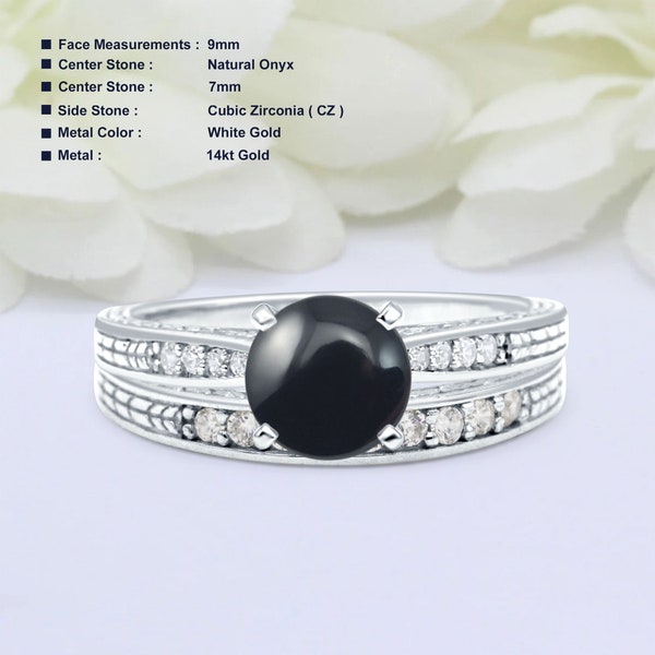14k Solid Gold Two Piece Halo Round 1.28CT Bridal Set Natural Black Onyx Women Gold Ring Weeding Engagement Gold Ring 9mm