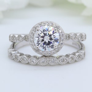 Vintage Art Deco Bridal Set Round 2.00ct Simulated Diamond 925 Sterling Silver Ring Band Wedding Engagement Two Piece