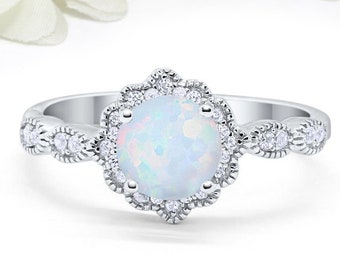 Art Deco Vintage Wedding Engagement Ring Bezel Round 1.25CT Lab White Opal Diamond CZ Solid 925 Sterling Silver Bridal Ring Art Deco Floral