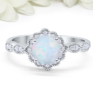 Art Deco Vintage Wedding Engagement Ring Bezel Round 1.25CT Lab White Opal Diamond CZ Solid 925 Sterling Silver Bridal Ring Art Deco Floral