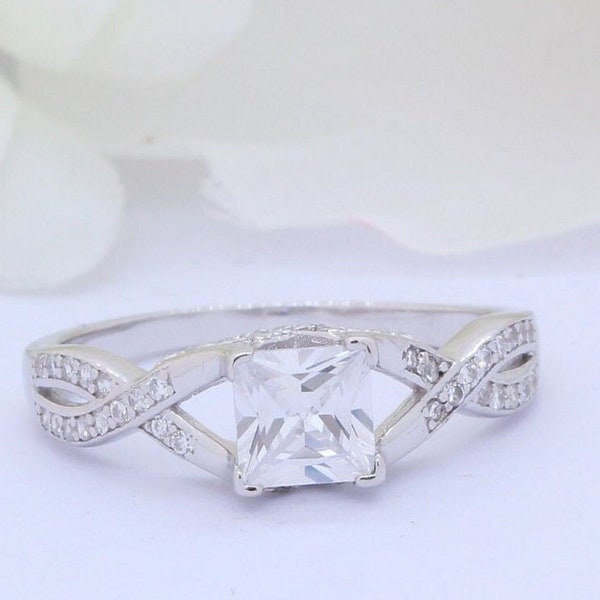 Infinity Shank Wedding Engagement Bridal Ring 1.24 Carat Princess Cut 925 Sterling Silver Halo Round Simulated Diamond Accent