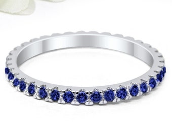 2mm Full Eternity Stackable Band Ring Simulated Blue Sapphire CZ Solid 925 Sterling Silver Wedding Band, Eternity Band September Stone