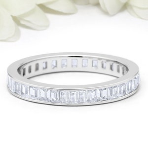 3mm Full Eternity Stackable Stacking Baguette Simulated Diamond Wedding Band Ring 925 Sterling Silver