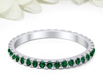 2mm Full Eternity Stackable Band Ring Simulated Emerald Green CZ Solid 925 Sterling Silver Wedding Band, Eternity Band