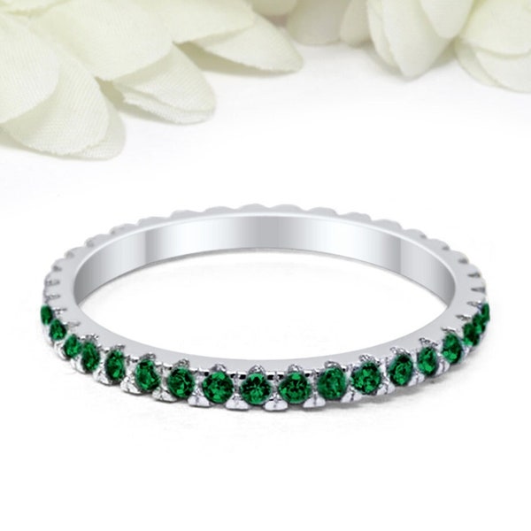 2mm Full Eternity Stackable Band Ring Simulated Emerald Green CZ Solid 925 Sterling Silver Wedding Band, Eternity Band