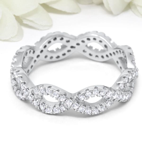 5mm Full Eternity Round Simulated Diamond CZ Wedding Band Ring Twisted Braided Infinity Design 925 Sterling Silver