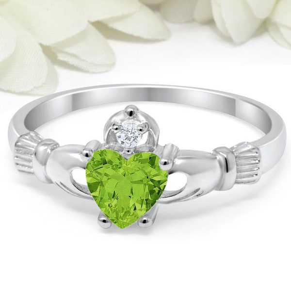 Claddagh Ring Irish Promise Ring 925 Sterling Silver CZ Round Heart Peridot Green CZ Simulated Diamond Accent Engagement Ring August Stone