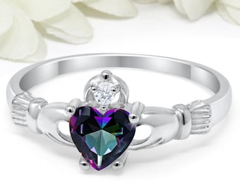 Claddagh Ring Irish Promise Ring 925 Sterling Silver CZ Round Heart Mystic Rainbow Topaz Fire CZ Simulated Diamond Accent Engagement Ring