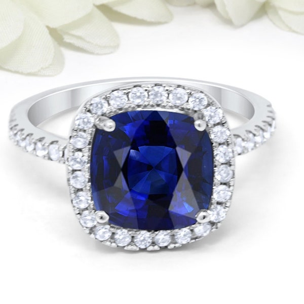 Halo Cushion Cut 2.75 Carat Simulated Blue Sapphire Wedding Engagement Ring Round Diamond CZ Accent Sterling Silver