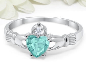 Claddagh Ring Irish Promise Ring 925 Sterling Silver CZ Round Heart Paraiba Tourmaline CZ Simulated Diamond Accent Engagement Ring