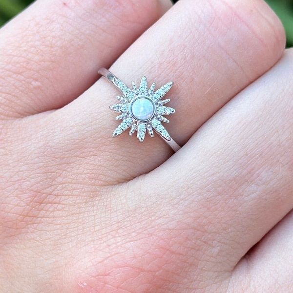 Cluster Starburst Lab Created White Opal Round Band Ring Women Silver Ring 925 Sterling Silver Ring 13mm