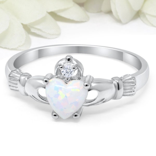 Irish Claddagh Promise Ring Sterling Silver Simulated White Opal Round Simulated Diamond Accet Claddagh Engagement Ring