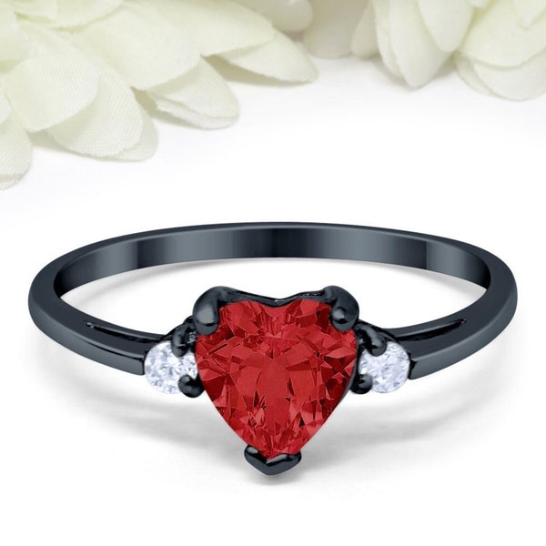 Heart Garnet CZ Promise Ring Black Gold 925 Sterling Silver Round Simulated Diamond Valentines, Girlfriend, Wedding, Engagement, Bridal