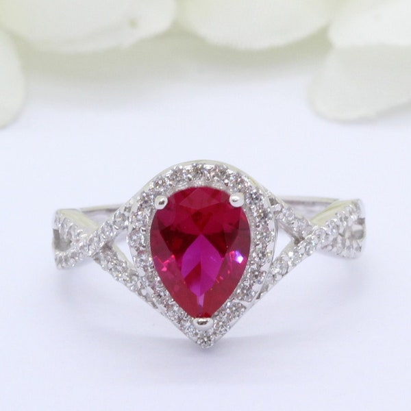 Halo Infinity Shank 1.25 Carat Pear Teardrop Ruby Wedding Engagement Bridal Ring Round Diamond CZ Accent Solid 925 Sterling Silver