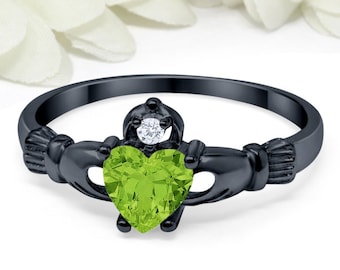 Claddagh Ring Irish Black Gold Sterling Silver Simulated Peridot Green Irish Claddagh Engagement Ring August Stone