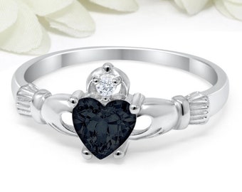 Irish Claddagh Promise Ring 925 Sterling Silver Black Diamond CZ Round Simulated Diamond Accet Claddagh Engagement Ring