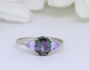 Three Stone 3-Stone Oval 1.21 Carat Mystic Rainbow Fire CZ Wedding Engagement Bridal Promise Ring 925 Sterling Silver