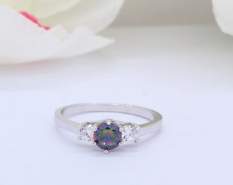 Three Stone 3-Stone Oval 1.21 Carat Mystic Rainbow Fire CZ Wedding Engagement Bridal Promise Ring 925 Sterling Silver