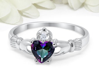 Sterling Silver Solitaire Simple Round Pendant Rainbow Simulated Topaz Charm