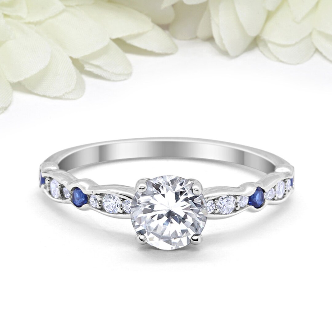 Art Deco Round Sapphire CZ Wedding Engagement Ring Bridal - Etsy