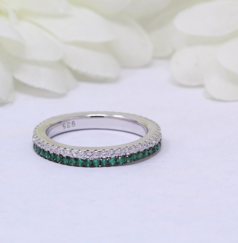 3mm Full Eternity Double Row Band Pave Round Emerald Green CZ Simulated Diamond Solid 925 Sterling Silver