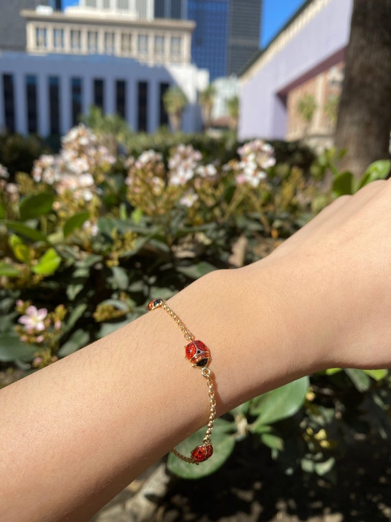 7 14k Gold Red Enamel Ladybug Bracelet Solid Gold Lady Bug New Design  Modern Gift Yellow Gold Ladybug Insect Dainty 