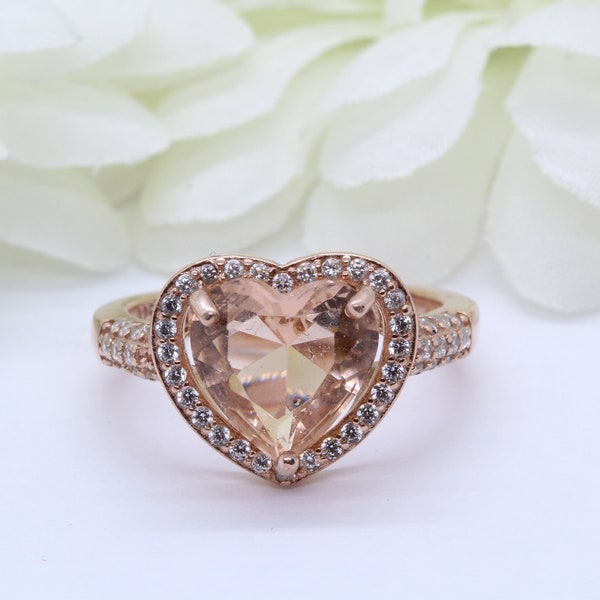 Rose Gold 925 Sterling Silver Halo Heart Promise Ring Heart 3.50 Carat Morganite CZ Round Simulated Diamond CZ