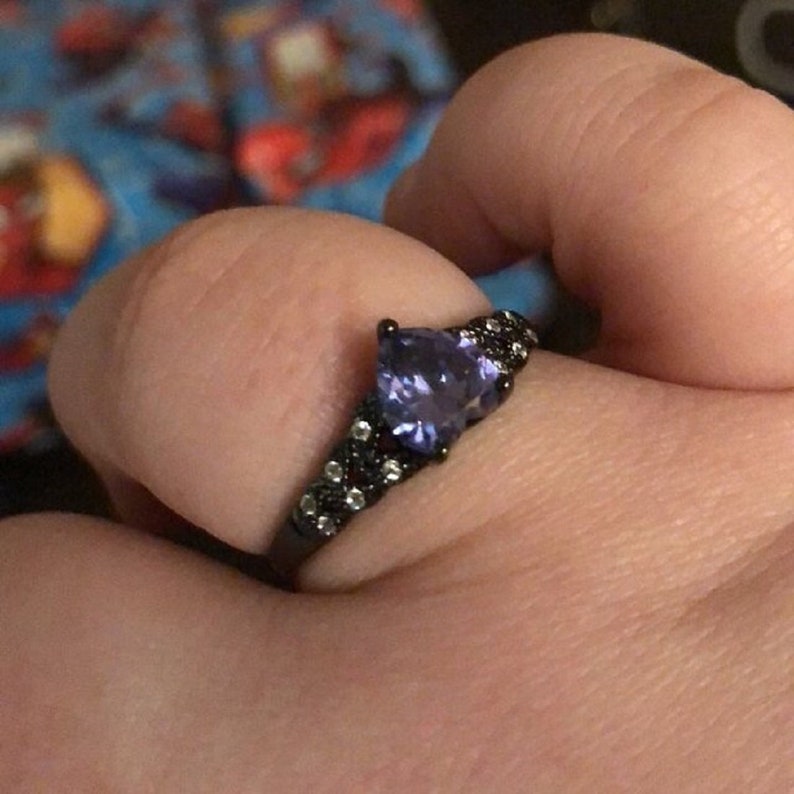 Art Deco 1.74CT Heart Tanzanite CZ Promise Ring Black Gold Sterling Silver Round Simulated Diamond