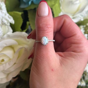 Halo Oval Lab White Opal Wedding Engagement Ring Round Simulated Diamond Accent 925 Sterling Silver Art Deco Vintage Gift For Her Women